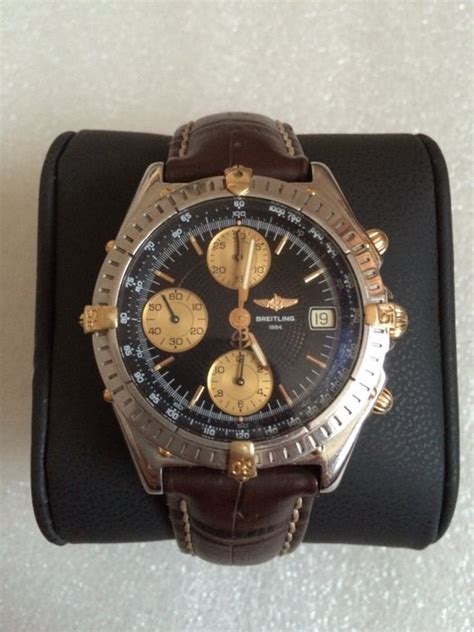 breitling 1884 watch black bezel mens brown leather band